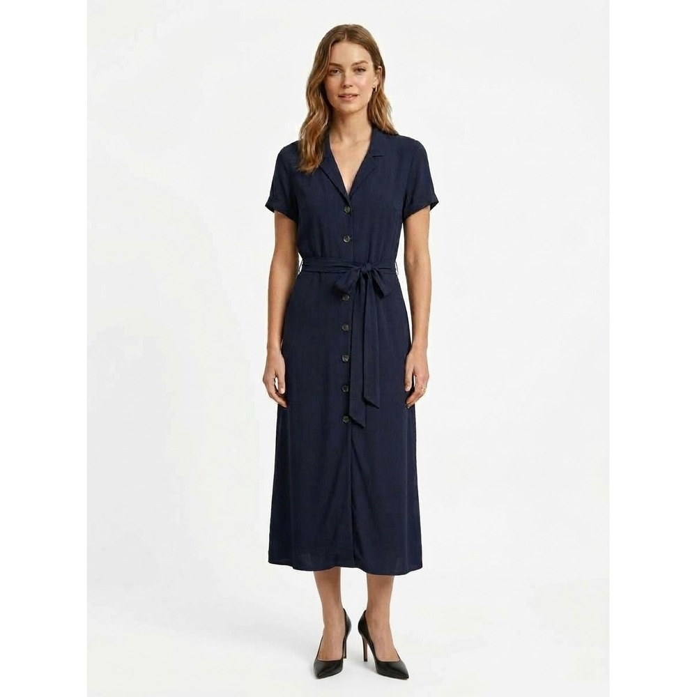 Wilfred Aritzia Navy Blue Button Front Midi Shirt Dress Short Sleeve Belted M